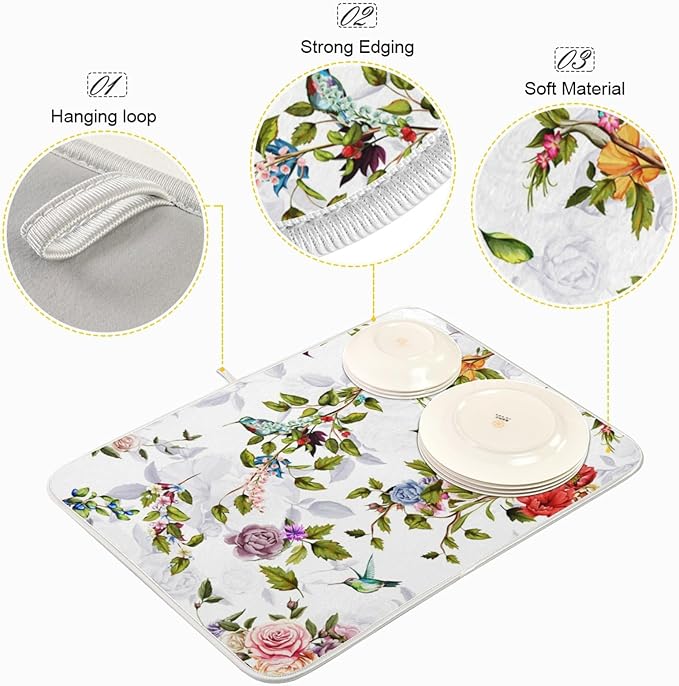 Tarity Rose Peony Poppy Hummingbirds Dish Drying Mat - Image 4