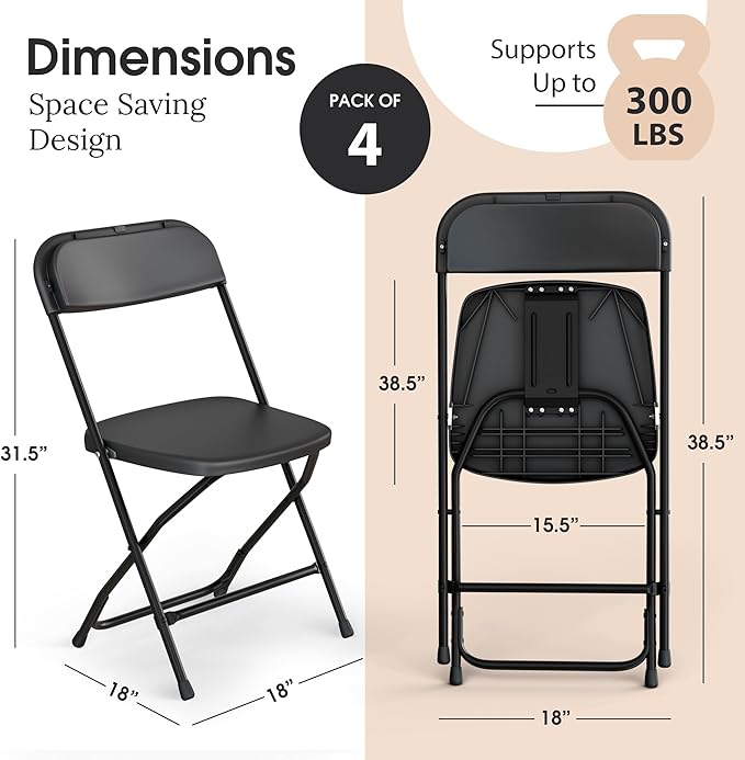 4 PACK White Foldable Plastic Chair | Folding & Stackable | 350 lbs Capacity Steel Frame Seats for Indoor Outdoor | Commercial Use Events Wedding Party Events Bulk Picnic Kitchen Dining - Image 2
