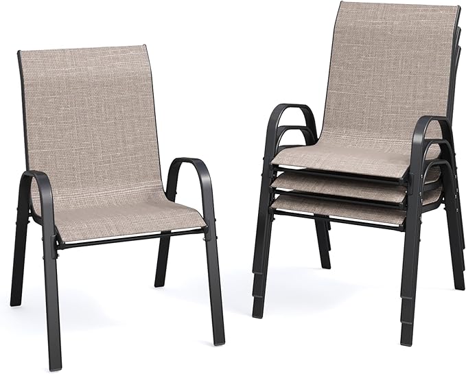 Patio Dining Chairs Set of 4, Stackable Dining Chairs High Back, Breathable Seat Fabric and Alloy Steel Frame for Backyard, Porch, Garden, Sunroom (Light Brown) by VonzoyHome