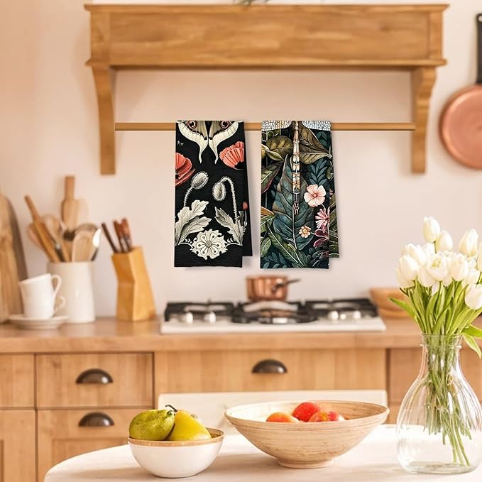 Moody Floral Moth Dragonfly Kitchen Towels Set of 2, Dark Cottagecore Botanical - Image 2