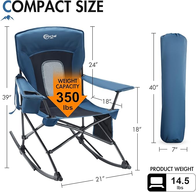 Portal Outdoor Rocking Chair Camping Folding Portable Rocker with Cup Holder Side Pocket Carry Bag, Support 350LBS (Mesh Blue) - Image 3