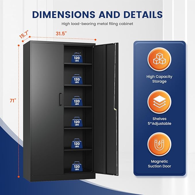 Yizosh Metal Garage Storage Cabinet with 2 Doors and 5 Adjustable Shelves - 71" Steel Lockable File Cabinet,Locking Tool Cabinets for Office,Home,Garage,Gym,School (Black) - Image 3