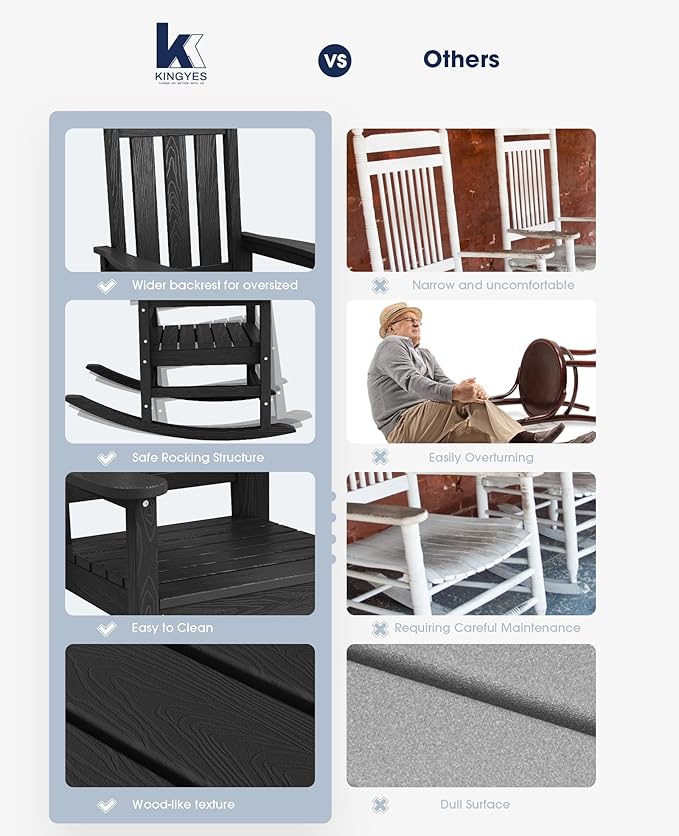 KINGYES Oversized Outdoor Rocking Chair Set of 6, All-Weather Patio Rocking Chairs for Porch, HDPE Outdoor Patio Rockers with High Back & Wide Seat for Garden, Lawn, Black - Image 8