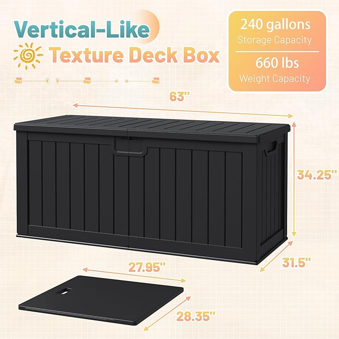 Patiowell 240 Gallon Large Outdoor Storage Box, Waterproof Deck Box with Fixed Divider, Lockable and Durable Patio Storage Solution for Patio Furniture and Garden Tools (Black) - Image 7