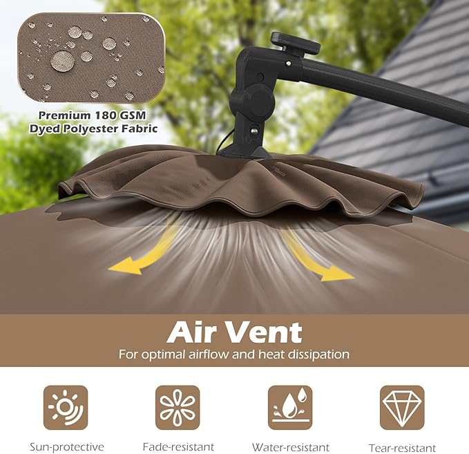 Tangkula 10ft Solar LED Patio Umbrella with Base, Offset Cantilever Outdoor Umbrella with 32 LED Lights, Infinite Tilt, 360 Degree Rotation, Crank Handle for Pool Deck Garden Backyard (Tan) - Image 8