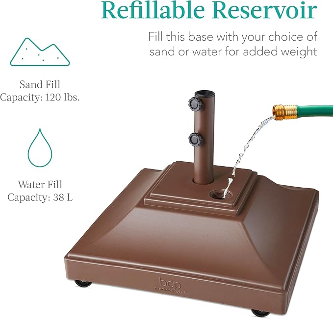 Best Choice Products Fillable Mobile Umbrella Base, Heavy Duty Base, Square Tiered Market Stand for Patio, Deck, Outdoor w/ 4 Wheels, 2 Locks, 2 Knobs, 120lb Capacity - Brown - Image 4