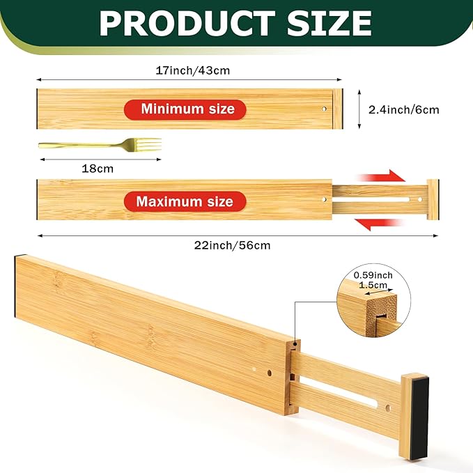 Lzerking Kitchen Drawer Dividers 6 Pack, 17-22" Adjustable Bamboo Drawer - Image 2