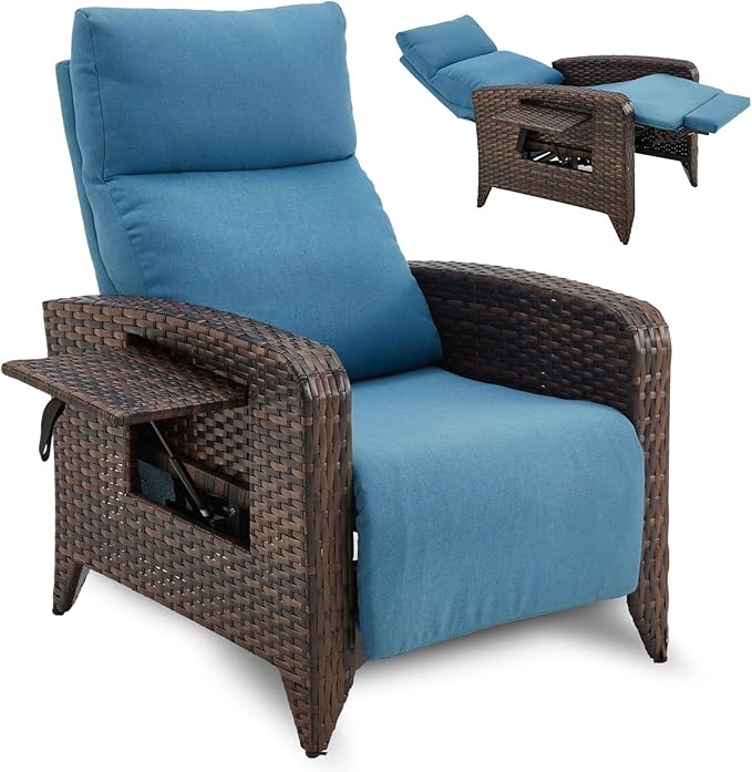 Upgraded Outdoor Recliner Chair, Reclining Patio Chairs with Adjustable Back up to 150°Lay Flat and Extended Footrest, Wicker Recliner Chairs with Flip Table and Removable Olefin Cushion by zzw