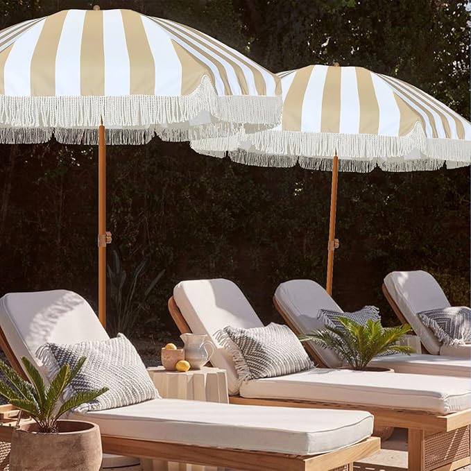 AMMSUN 7ft Patio Umbrella with Fringe Outdoor Tassel Umbrella UPF50+ Premium Steel Pole and Ribs Push Button Tilt, Stripe Beige - Image 5