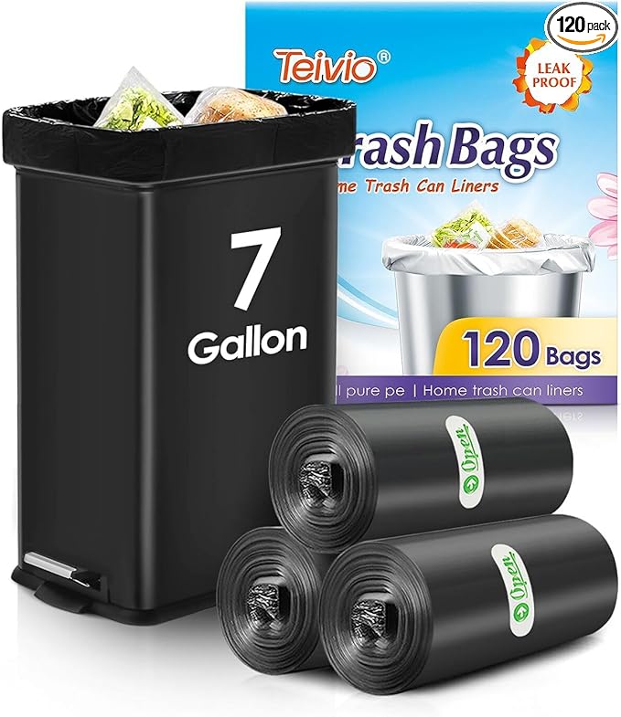 Teivio 7 Gallon 120 Counts Medium Black Garbage Bags fit 6 Gal, 7 Gal Trash Bags by Teivio