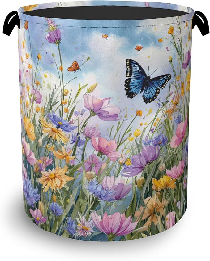 Wildflowers Butterfly Laundry Basket, Floral Garden Oxford Cloth Laundry Hamper by Unknown