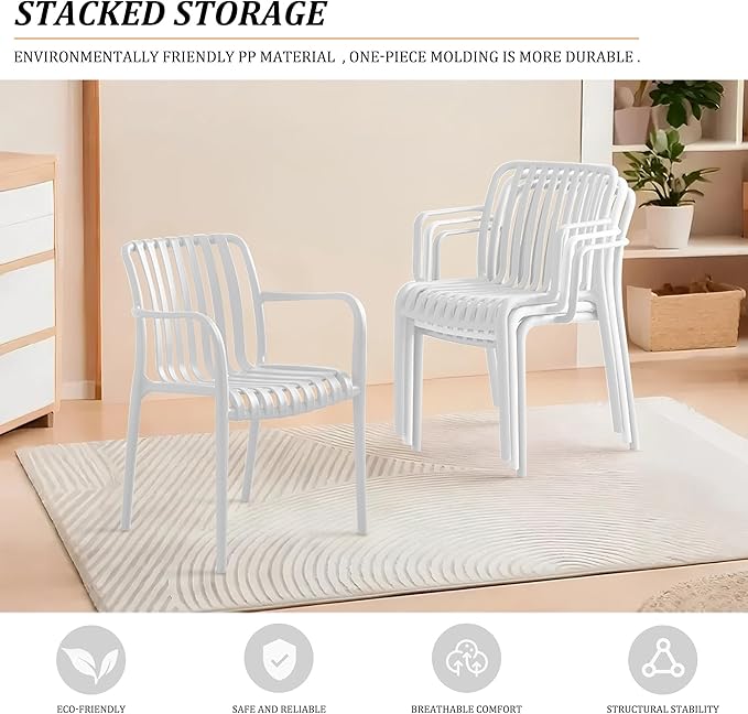 Patio Dining Chairs Set of 4, All-Weather Outdoor and Indoor Stackable Chairs with Curved Back, Waterproof for Patio, Deck, Porch, Backyard, Restaurant & Cafe Use, White - Image 3