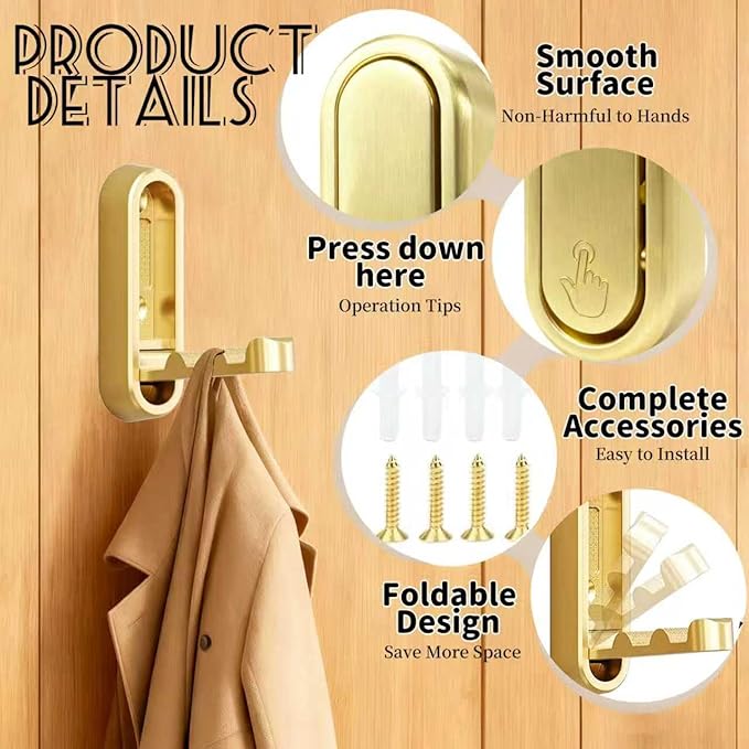 4PCS Folding Coat Hooks, Flip Down Heavy Duty Hooks Robe Hook Wall Mounted - Image 3