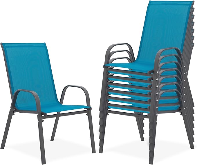 Outdoor Stackable Chairs Set of 8, Stacking Patio Chairs with Textilene Fabric, Outside Furniture for Garden Backyard Balconie Poolside Deck, Blue by Villeston