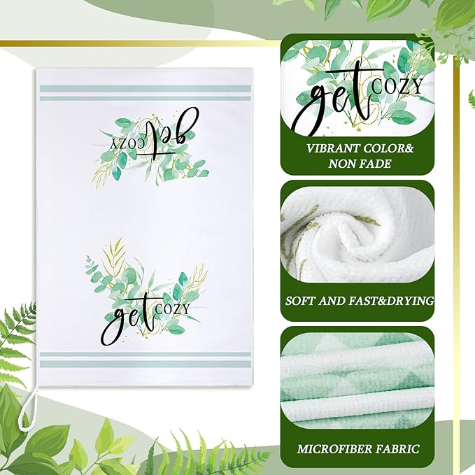 Set of 6 Eucalyptus Kitchen Towels Green Leaves Dishtowels Absorbent Spring - Image 5