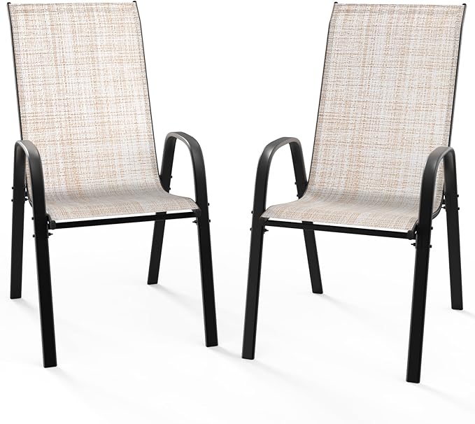 VINGLI Patio Chairs Set of 2 – Stackable Outdoor Dining Chairs with Comfortable Sling High Back Chairs and Armrests for Lawn, Poolside, Courtyard, Balcony, Garden, Yellow by VINGLI