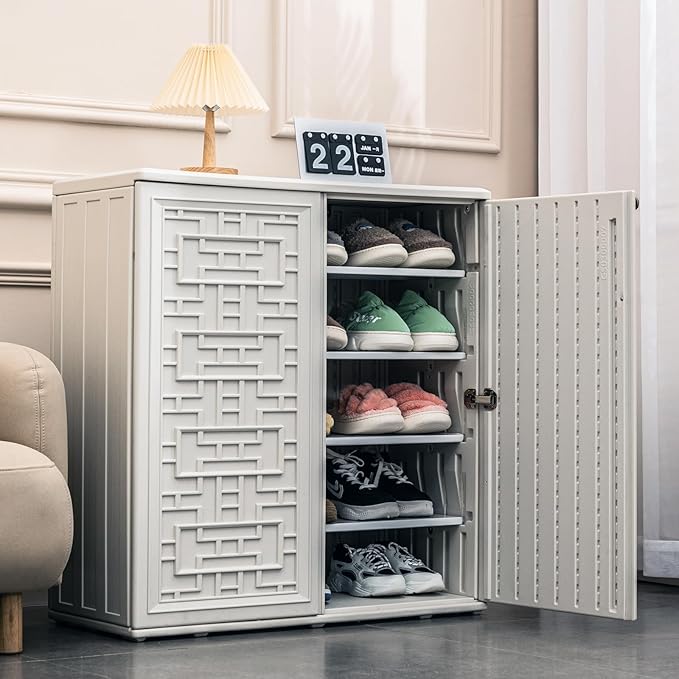 Indoor Outdoor Storage Cabinet Waterproof with Shelf, Off White Plastic Outdoor Cabinets for Patio/Garden/Backyard, Size 34.3''L*15''W*36.2''H - Image 9