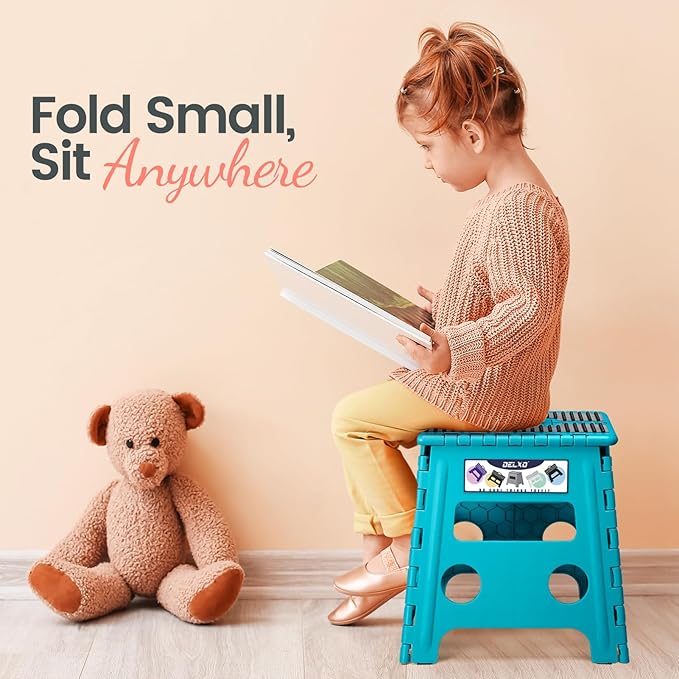 Delxo Folding Step Stool 13 Inch Non-Slip Foldable Stools for Kids & Adults Up to 300 LBS Kitchen Collapsible Fold Up Stepping Stool with Dotted 1 Pack Blue - Image 4