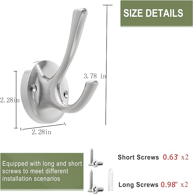Brushed Nickel Wall Hooks, 4 Pack Heavy Duty Coat Towel Hook Metal Double Hook - Image 7