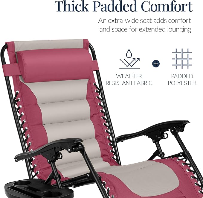 Best Choice Products Oversized Padded Zero Gravity Chair, Folding Outdoor Patio Recliner, XL Anti Gravity Lounger for Backyard w/Headrest, Cup Holder, Side Tray, Polyester Mesh - Pink/Taupe - Image 5
