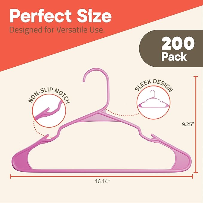 Pink Plastic Hangers 200 Pack– Heavy-Duty Plastic Hangers Slim and Space-Saving - Image 2