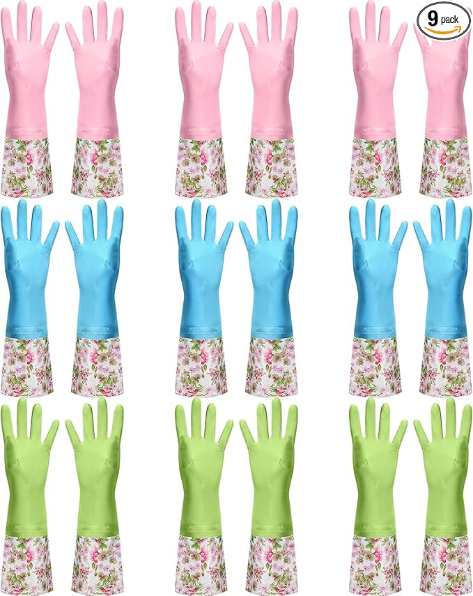 Mimorou 9 Pairs Household Dishwashing Rubber Gloves Long Cuff and Flock Lining by Mimorou