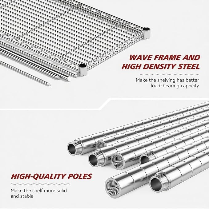 Xcity Storage Shelves, 6 Tier Heavy Duty Metal Shelving Unit, 2400 LBS Capacity Adjustable Steel Wire Shelf Organizer for Pantry, Kitchen, Garage, 14" D x 30" W x 70" H, Chrome - Image 4