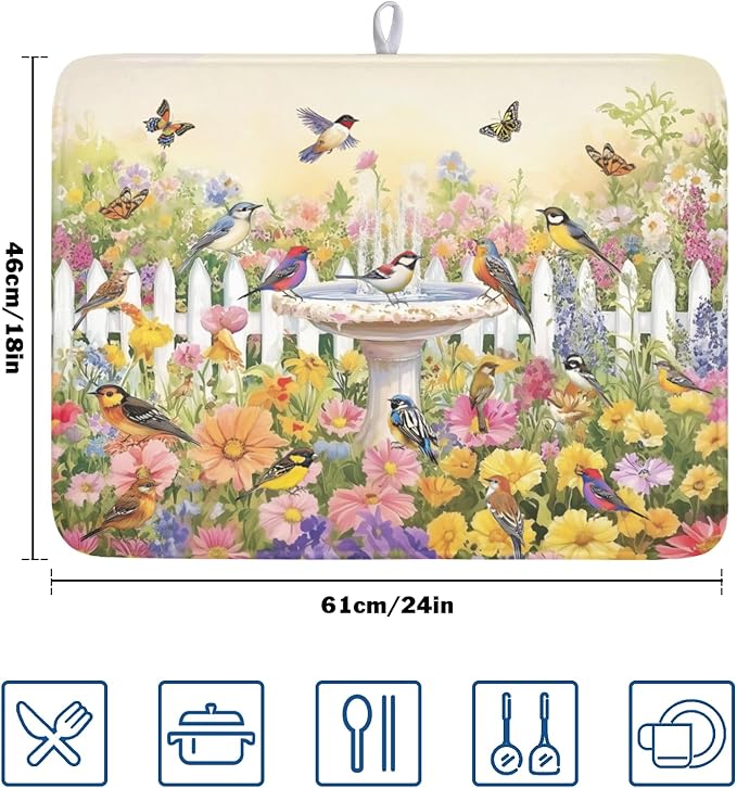 Spring Summer Floral Birds Dish Drying Mat - Image 2