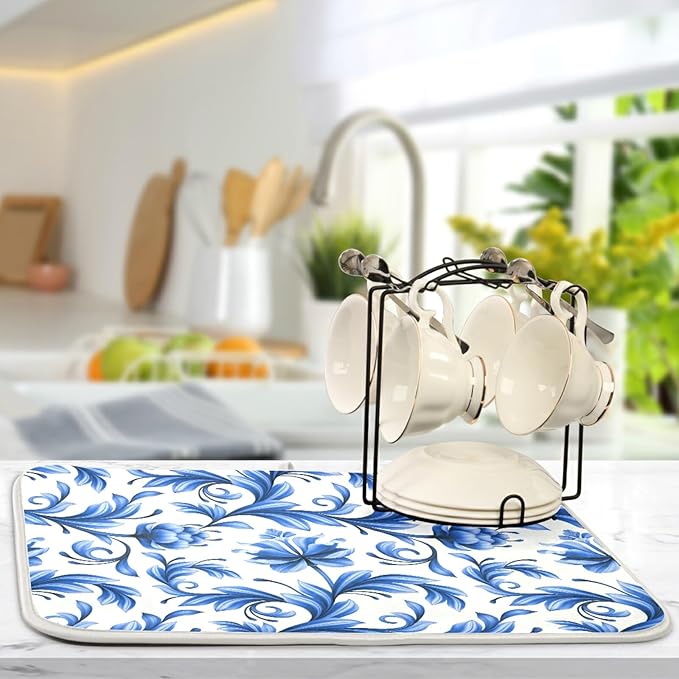 Tarity Blue Flowers White Dish Drying Mat - Image 5