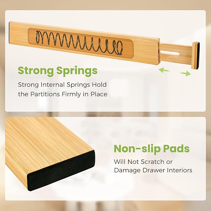 Drawer Divider, Adjustable Bamboo Kitchen Drawer Organizer, Spring Loaded - Image 3