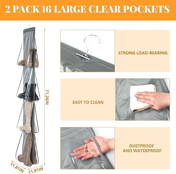Windyun Sets 16 Large Clear Pockets Fabric Dual Sided Hanging Shoe Rack - Image 2