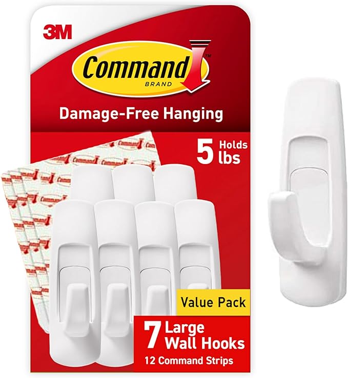 Command 5 lb Large Utility Hooks, 7 Hooks and 12 Strips, Damage-Free Hanging by Command