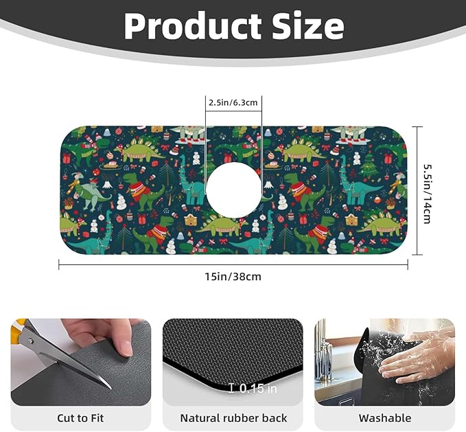 Christmas Dinosaur Tree Xmas Green Kitchen Sink Splash Guard Faucet Mat 1 Pcs - Image 2