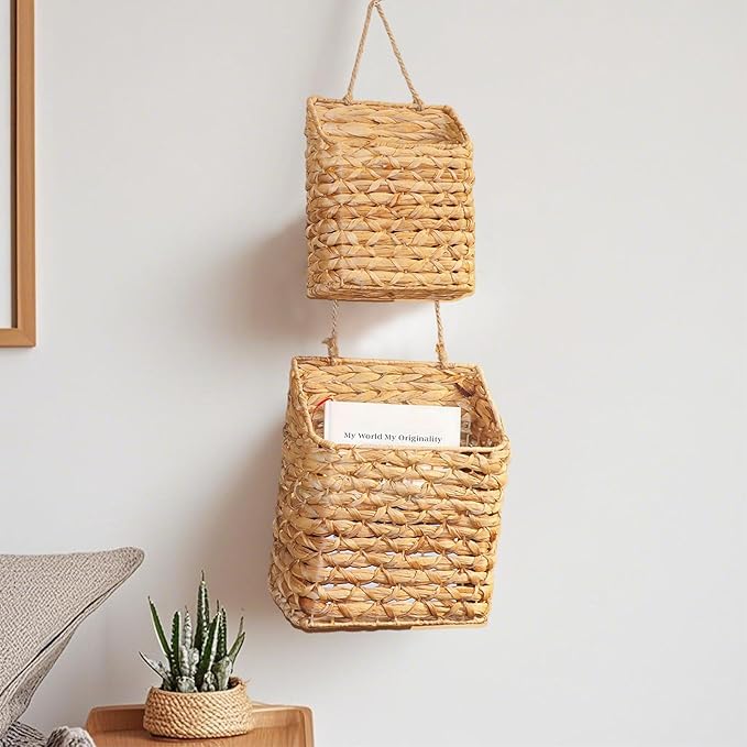 2-Tier Wall Hanging Wicker Water Hyacinth storage baskets Set, Woven Rustic - Image 4