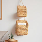 2-Tier Wall Hanging Wicker Water Hyacinth storage baskets Set, Woven Rustic - Image 4