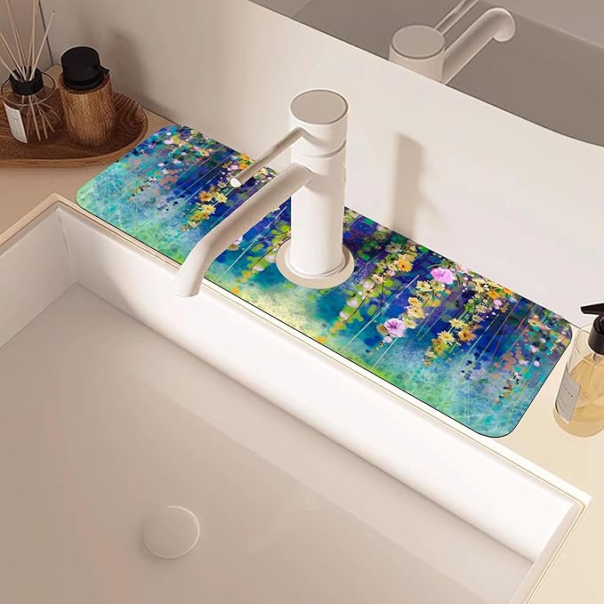 Abstract Watercolor Floral Kitchen Sink Splash Guard Mat Absorbent Fast Drying - Image 2