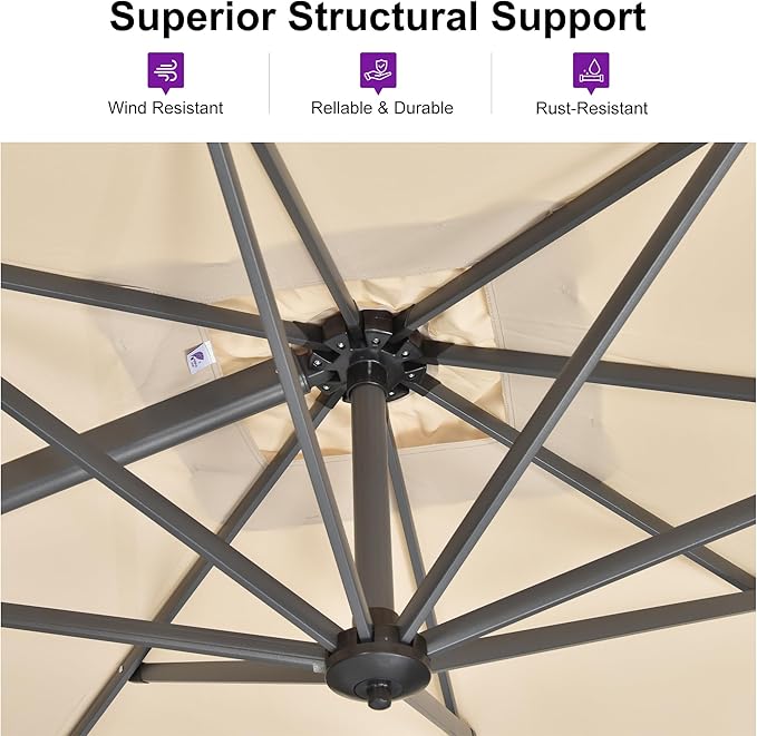 PURPLE LEAF 8 Feet Square Cantilever Umbrella Patio Umbrella with Base Outdoor Umbrella Aluminum with 360-degree Rotation for Garden Deck Pool Patio Beige - Image 7