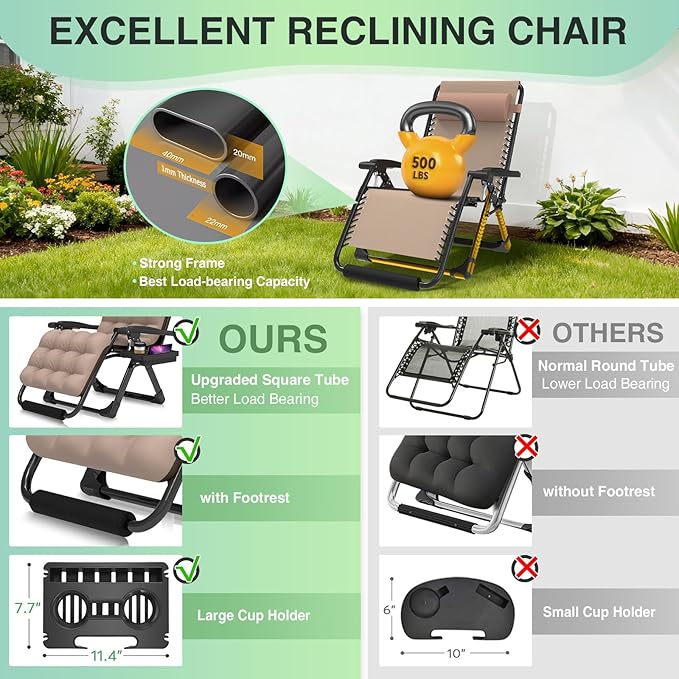 Suteck Oversized Zero Gravity Chair,29In XL Lounge Chair w/Removable Cushion&Headrest, Reclining Camping Chair w/Upgraded Lock and Footrest, Reclining Patio Chairs Recliner for Indoor Outdoor - Image 4