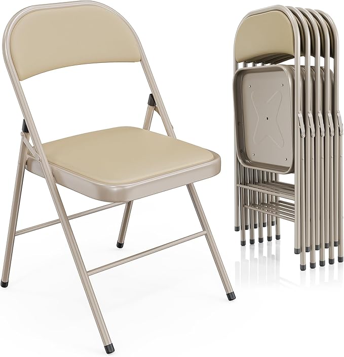 VINGLI 6 Pack Folding Chairs with Padded Seats, Metal Frame with Pu Leather Seat & Back, Capacity 350 lbs, Set of 6, Khaki by VINGLI