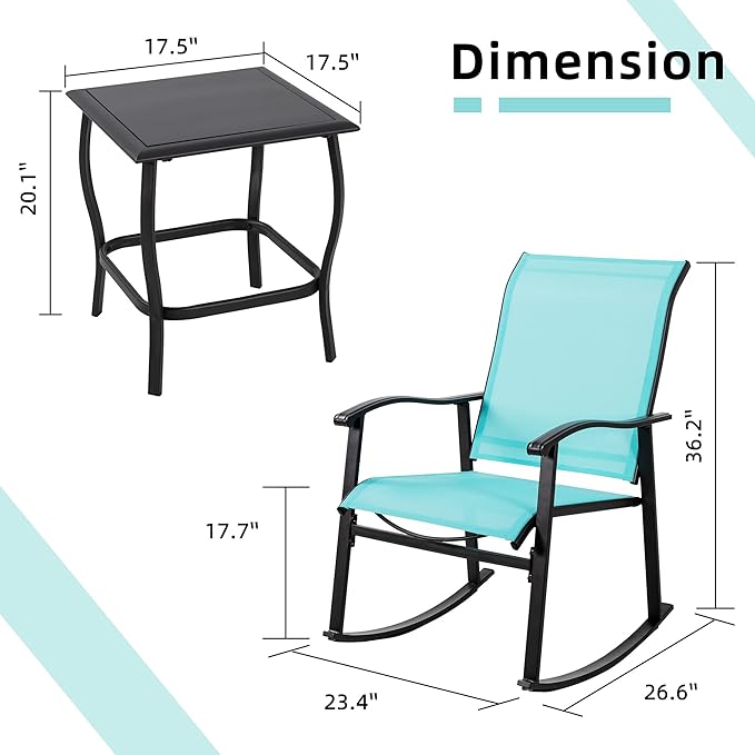 Vongrasig 3 Piece Outdoor Rocking Bistro Set, Textilene Fabric Small Patio Furniture Set, Front Porch Rocker Chairs Conversation Set with Glass Table for Lawn, Garden, Balcony, Poolside (Blue) - Image 6