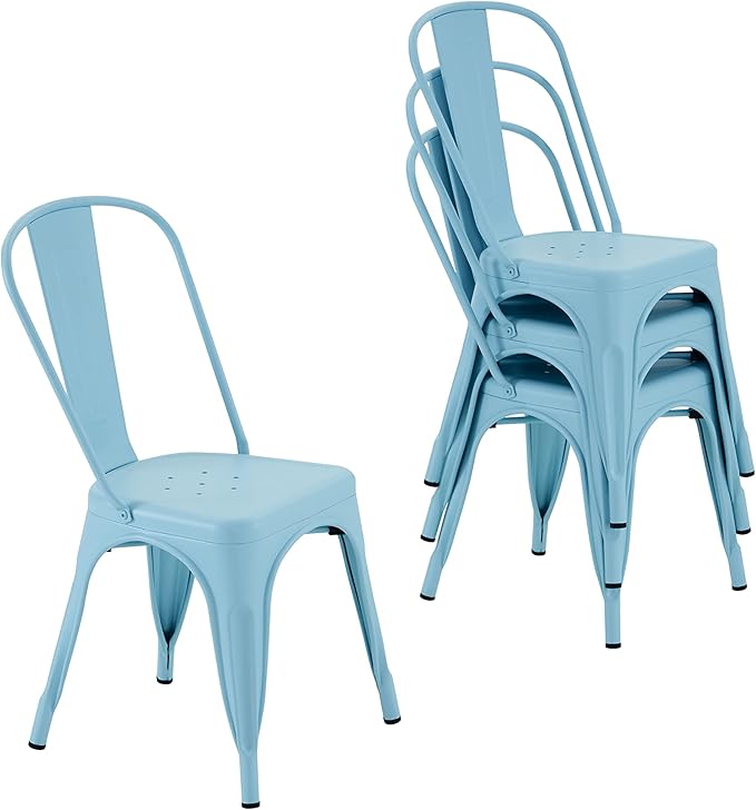 Nazhura Metal Dining Chair Farmhouse Tolix Style for Kitchen Dining Room Café Restaurant Bistro Patio, 18 Inch, Stackable, Waterproof Indoor/Outdoor (Sets of 4) (Blue) by NazhuraGoodCompanionAtHome