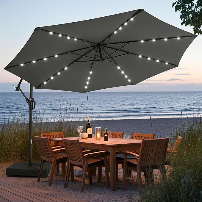 wikiwiki 10ft Solar LED Patio Umbrella with Base Included, Offset Umbrella with Weighted Sandbag Base, Cantilever Patio Umbrella for Backyard, Garden & Deck, 32 LED Lights & Polyester Shade, Dark Gray by WikiwikiPatioUmbrellas