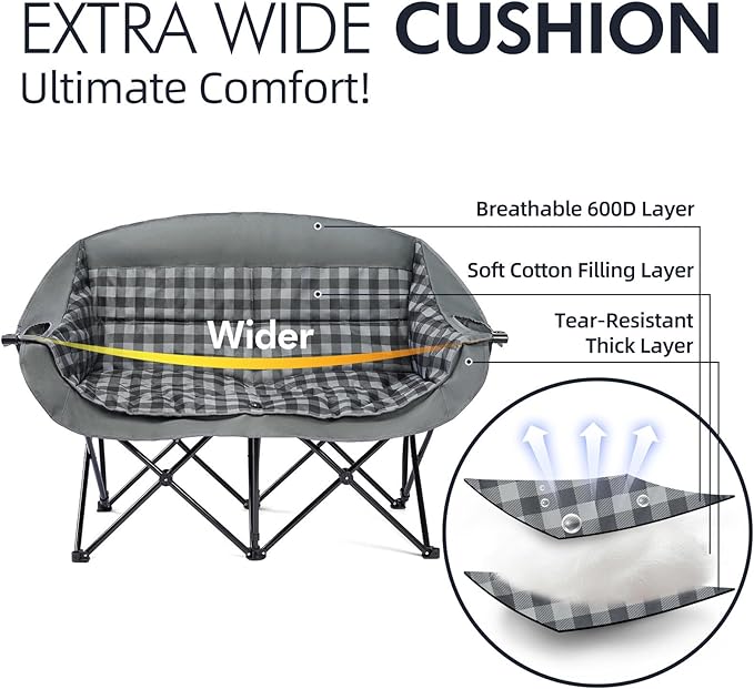 Double Camping Chairs Padded Loveseat Chair for 2 Person - Heavy Duty Oversized Camping Couch for Adults Outdoor Lawn Beach Portable Folding Sofa with Cup Holders Support 600lbs, Grey - Image 3