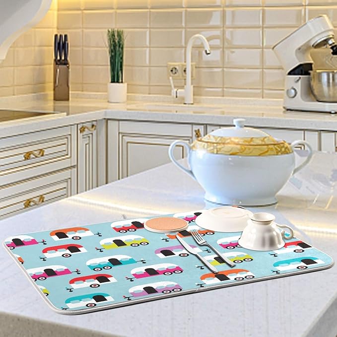 ALAZA Dish Drying Mat, Happy Camper Caravan Super Absorbent Reversible Rack - Image 7