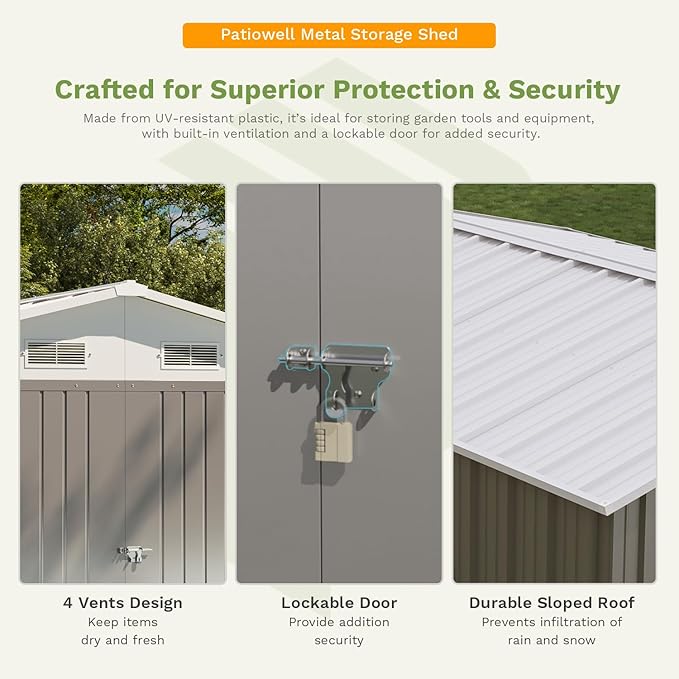 Patiowell 10 x 12 FT Metal Storage Shed for Outdoor with Floor Frame, Steel Yard Shed with Design of Lockable Doors, Utility and Tool Storage for Garden, Backyard, Patio, Outside use, Grey - Image 4