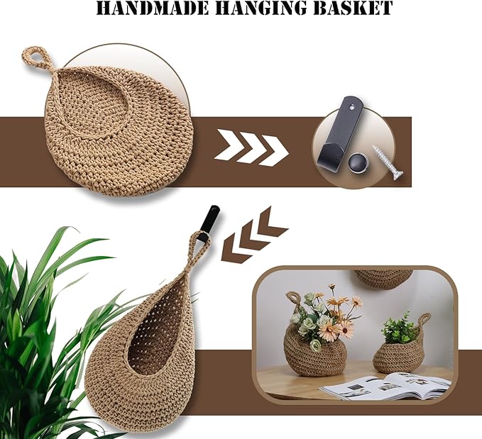 Hanging Fruit Basket Set of 3, Boho Wall Hanging Storage Jute Basket - Image 7