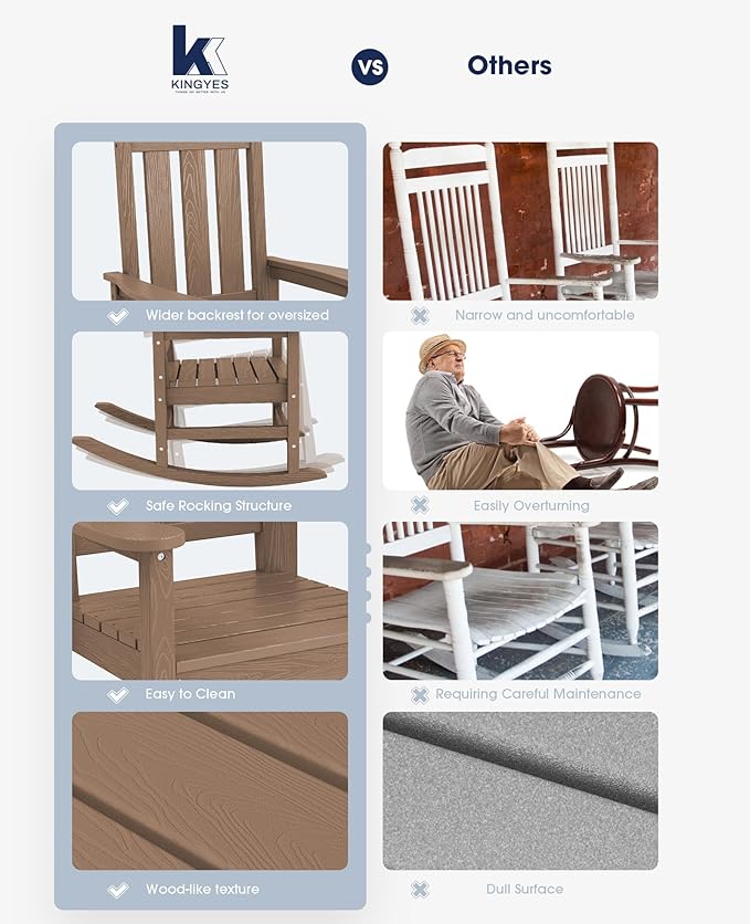 KINGYES Oversized Outdoor Rocking Chair Set of 2, All-Weather Patio Rocking Chairs for Porch, HDPE Outdoor Patio Rockers with High Back & Wide Seat for Garden, Lawn, Brown - Image 7