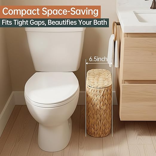 Wicker Bathroom Trash Can with Lid, Narrow Rattan Waste Basket with Removable - Image 8
