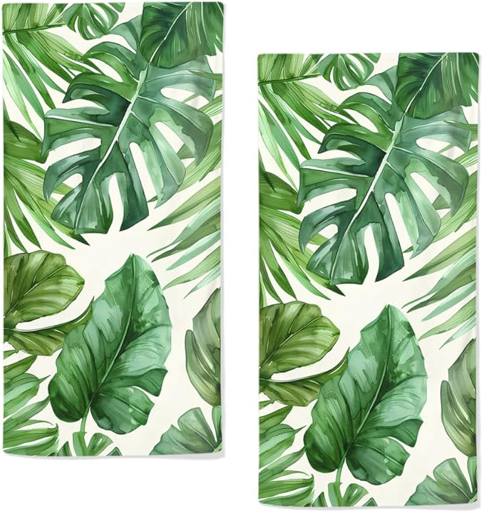 Palm Leaves Tropical Hand Towels Set of 2 Highly Absorbent Breathable Floral by qiuhuang