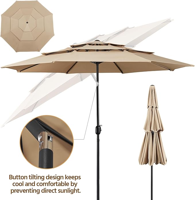 Yaheetech 3-Tier Patio Umbrella 10ft Vented Outdoor Canopy Sun Shade Large Market Table Umbrella Double-layer Cloth & Push-button Tilting for Yard/Garden/Park Tan - Image 6